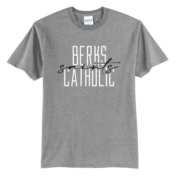Berks Catholic Saints Tall Type Script t-shirt in Athletic Heather: tall BERKS CATHOLIC lettering with saints in flowing script across the middle