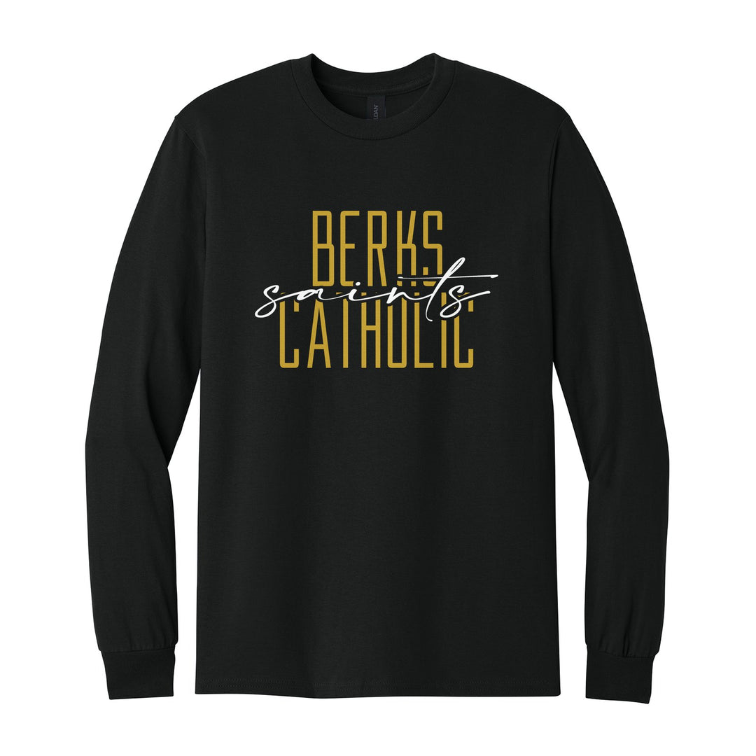 Berks Catholic Saints Tall Type Script long sleeve t-shirt in Black: tall BERKS CATHOLIC lettering with saints in flowing script across the middle