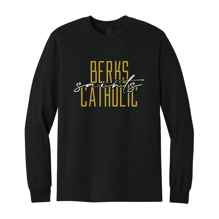 Berks Catholic Saints Tall Type Script long sleeve t-shirt in Black: tall BERKS CATHOLIC lettering with saints in flowing script across the middle