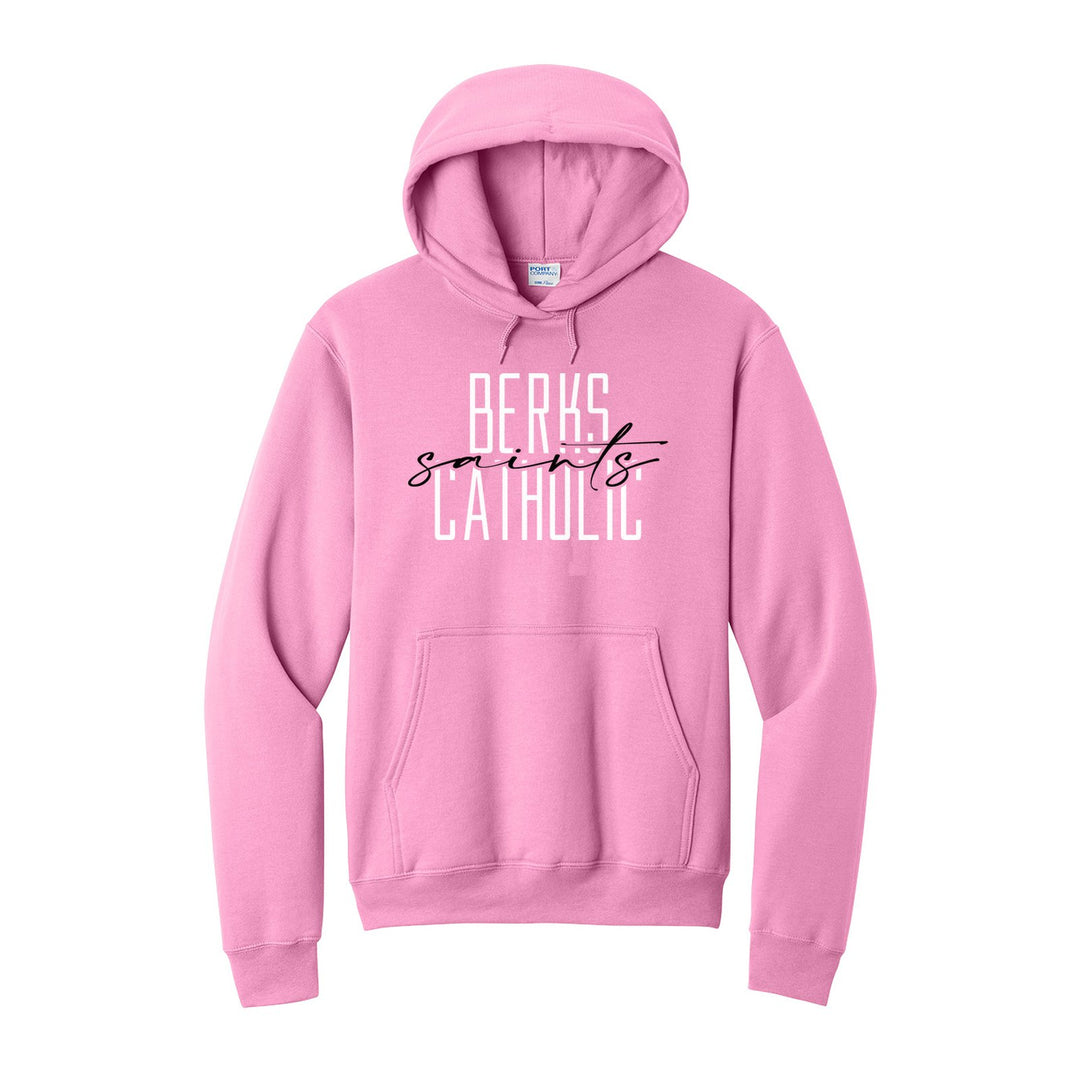 Berks Catholic Saints Tall Type Script hoodie in Candy Pink: tall BERKS CATHOLIC lettering with saints in flowing script across the middle