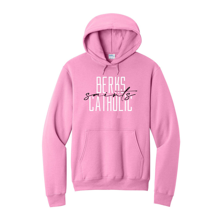 Berks Catholic Saints Tall Type Script hoodie in Candy Pink: tall BERKS CATHOLIC lettering with saints in flowing script across the middle