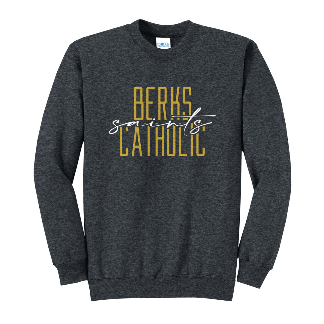 Berks Catholic Saints Tall Type Script crewneck sweatshirt in Dark Heather Grey: tall BERKS CATHOLIC lettering with saints in flowing script across the middle