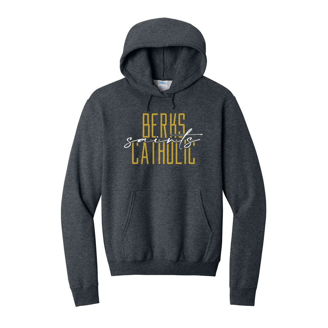 Berks Catholic Saints Tall Type Script hoodie in Dark Heather Grey: tall BERKS CATHOLIC lettering with saints in flowing script across the middle