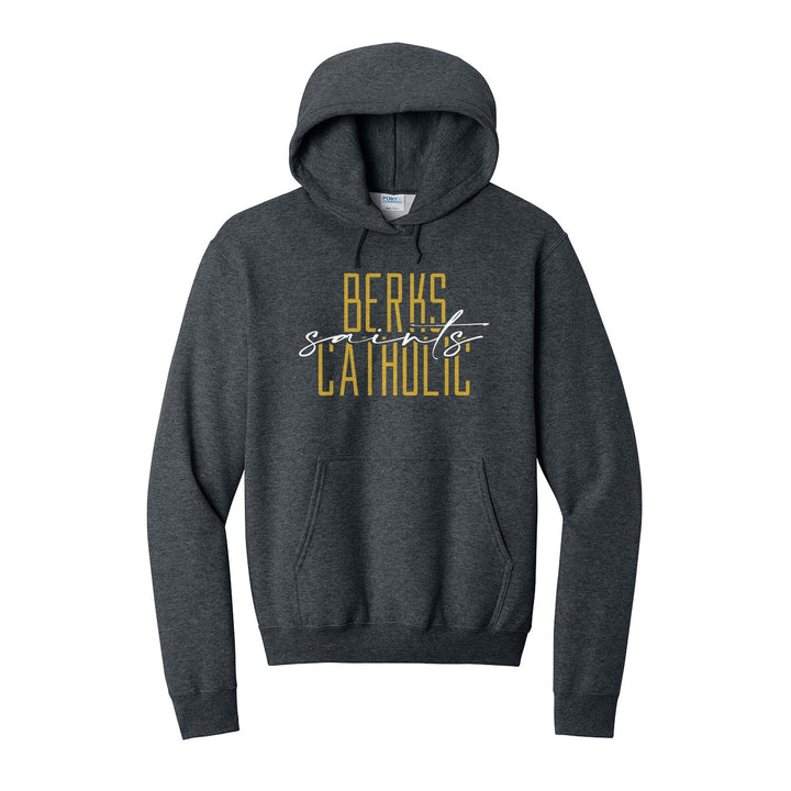 Berks Catholic Saints Tall Type Script hoodie in Dark Heather Grey: tall BERKS CATHOLIC lettering with saints in flowing script across the middle