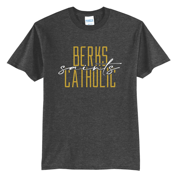 Berks Catholic Saints Tall Type Script t-shirt in Dark Heather Grey: tall BERKS CATHOLIC lettering with saints in flowing script across the middle