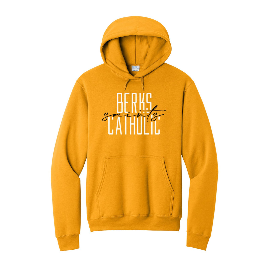 Berks Catholic Saints Tall Type Script hoodie in Gold: tall BERKS CATHOLIC lettering with saints in flowing script across the middle