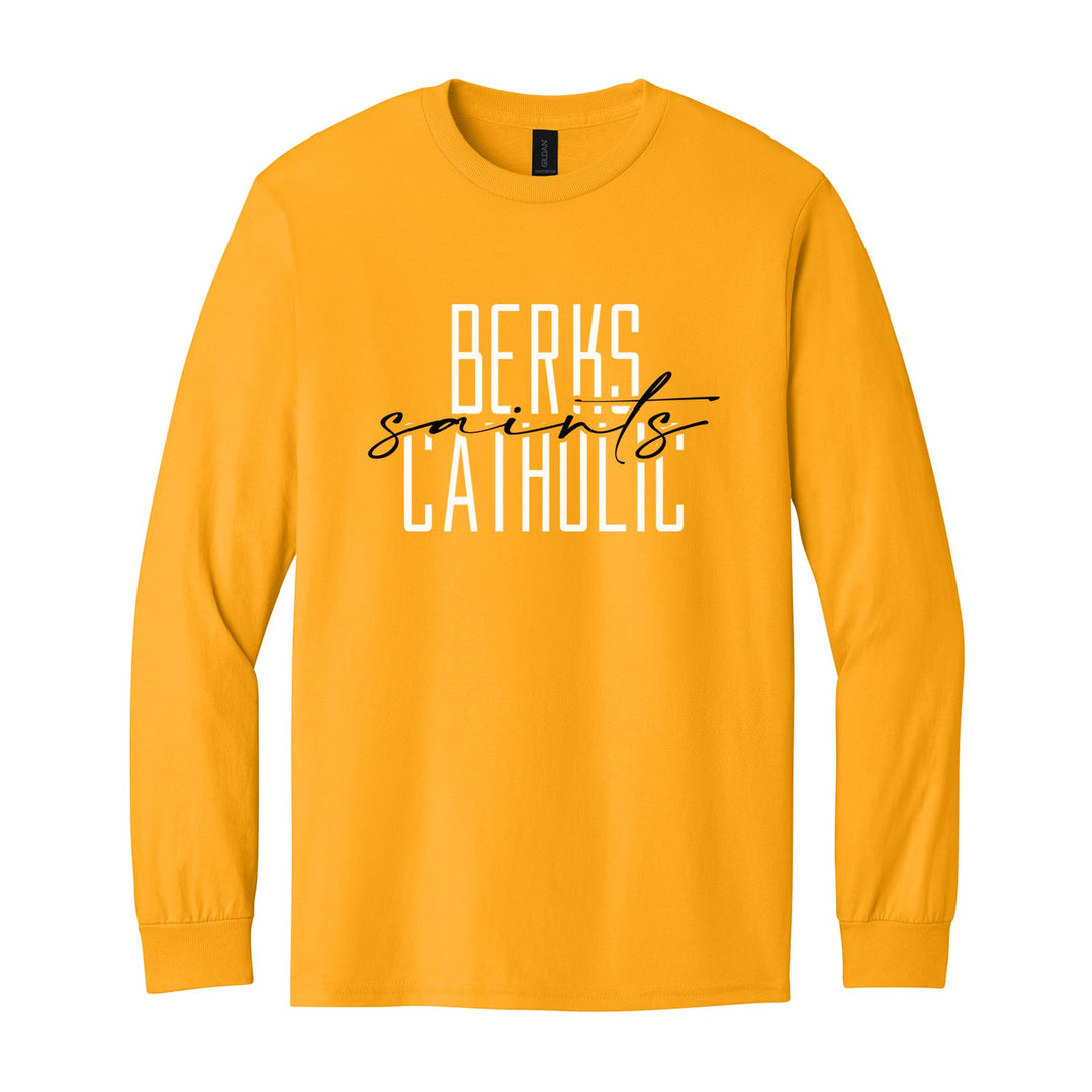 Berks Catholic Saints Tall Type Script long sleeve t-shirt in Gold: tall BERKS CATHOLIC lettering with saints in flowing script across the middle