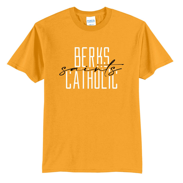Berks Catholic Saints Tall Type Script t-shirt in Gold: tall BERKS CATHOLIC lettering with saints in flowing script across the middle