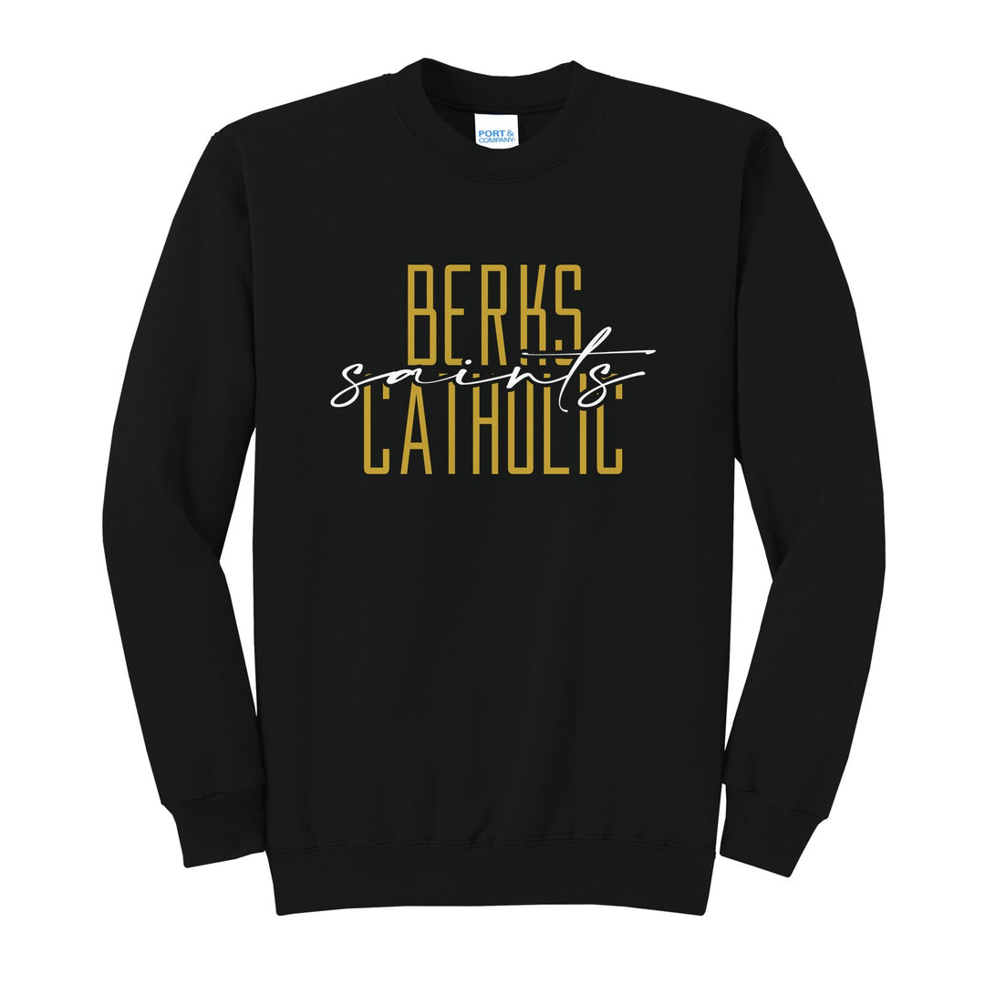 Berks Catholic Saints Tall Type Script crewneck sweatshirt in Jet Black: tall BERKS CATHOLIC lettering with saints in flowing script across the middle