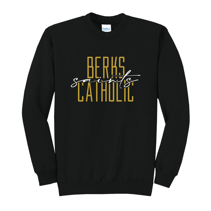 Berks Catholic Saints Tall Type Script crewneck sweatshirt in Jet Black: tall BERKS CATHOLIC lettering with saints in flowing script across the middle