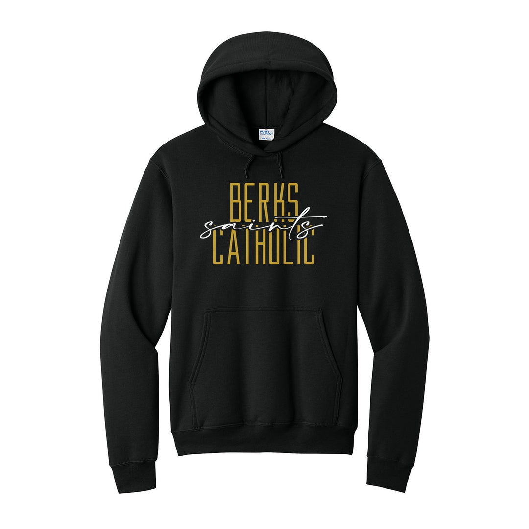 Berks Catholic Saints Tall Type Script hoodie in Jet Black: tall BERKS CATHOLIC lettering with saints in flowing script across the middle