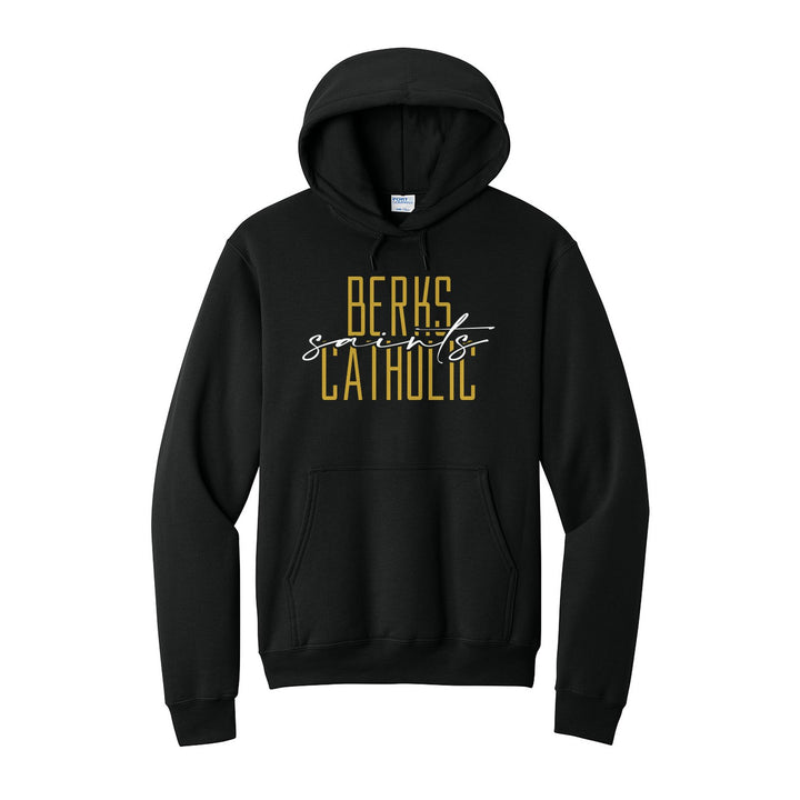 Berks Catholic Saints Tall Type Script hoodie in Jet Black: tall BERKS CATHOLIC lettering with saints in flowing script across the middle