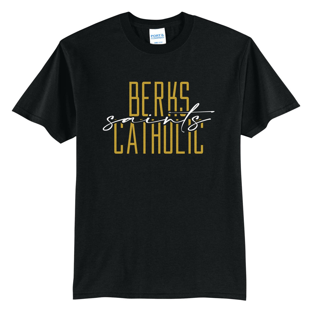 Berks Catholic Saints Tall Type Script t-shirt in Jet Black: tall BERKS CATHOLIC lettering with saints in flowing script across the middle