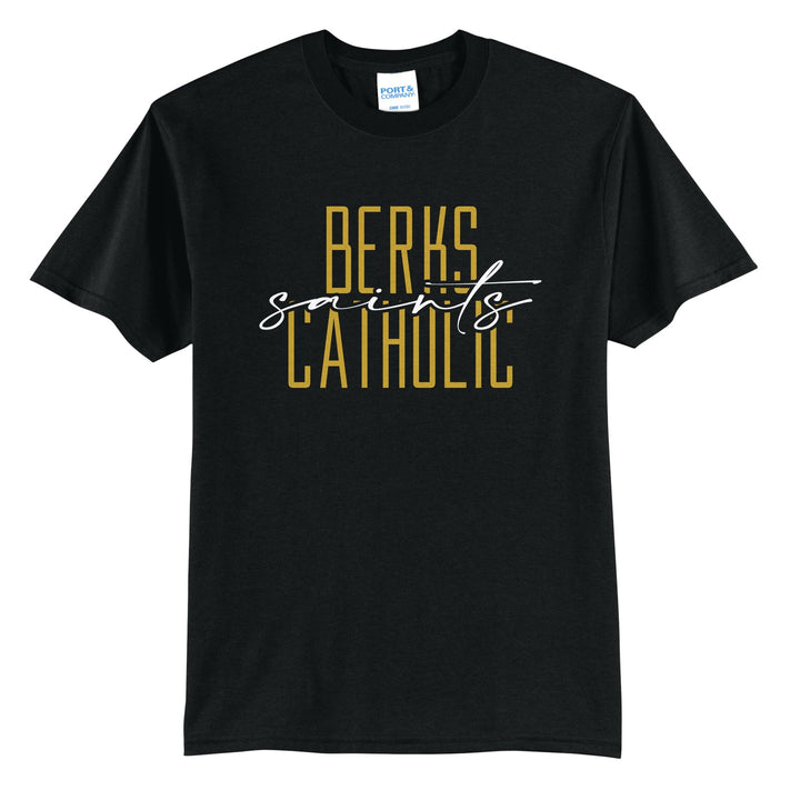 Berks Catholic Saints Tall Type Script t-shirt in Jet Black: tall BERKS CATHOLIC lettering with saints in flowing script across the middle