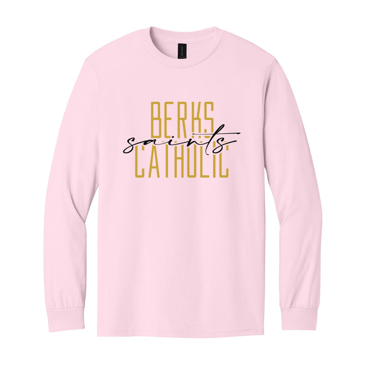 Berks Catholic Saints Tall Type Script long sleeve t-shirt in Light Pink: tall BERKS CATHOLIC lettering with saints in flowing script across the middle