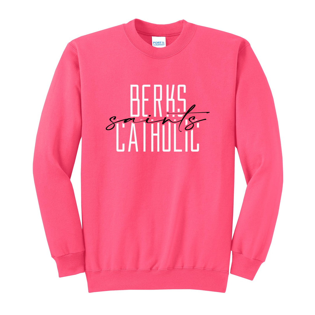 Berks Catholic Saints Tall Type Script crewneck sweatshirt in Neon Pink: tall BERKS CATHOLIC lettering with saints in flowing script across the middle