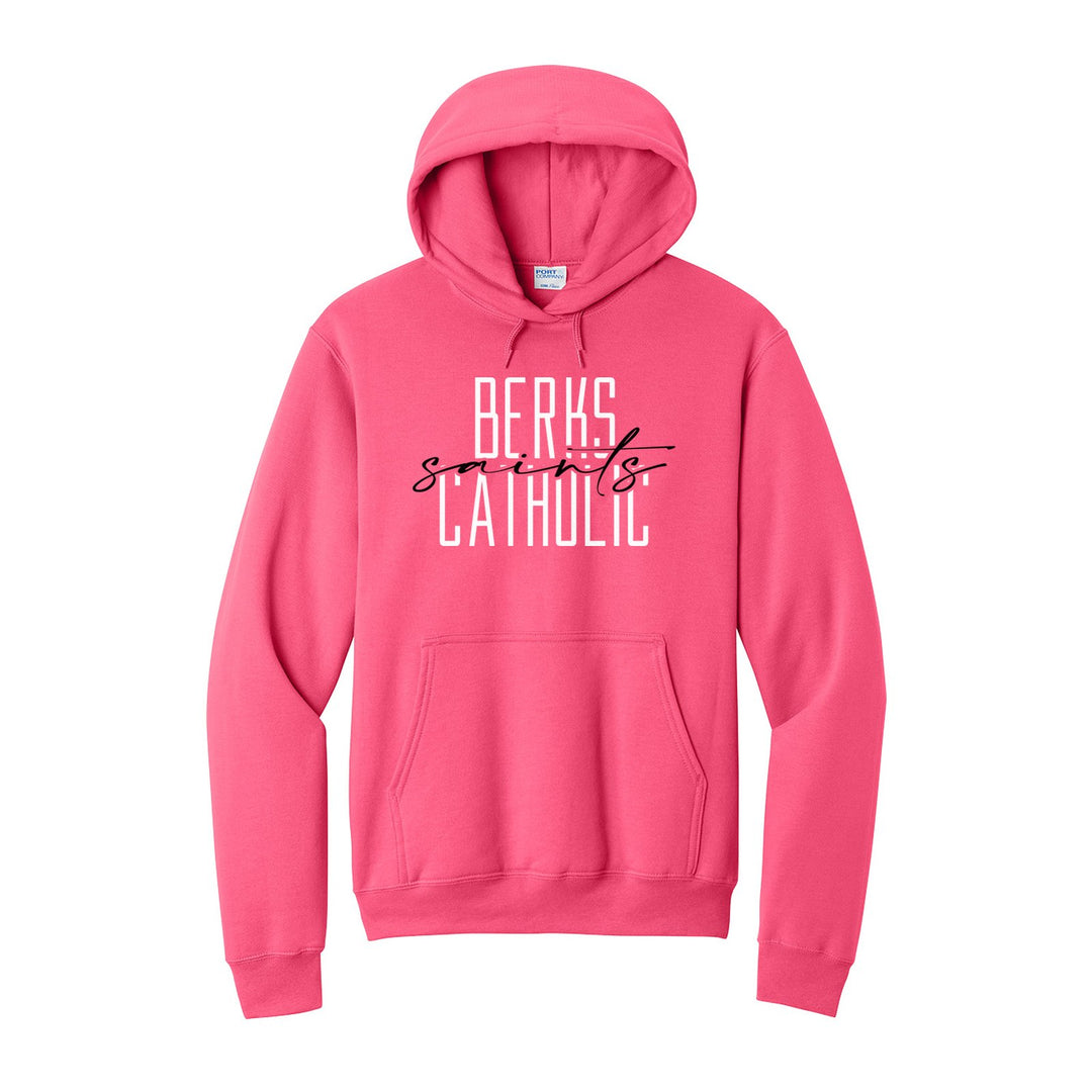 Berks Catholic Saints Tall Type Script hoodie in Neon Pink: tall BERKS CATHOLIC lettering with saints in flowing script across the middle
