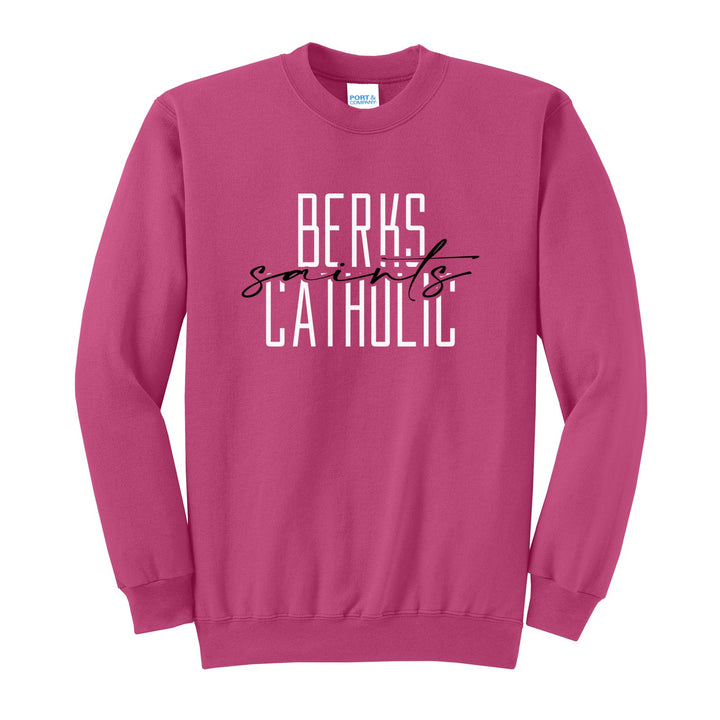 Berks Catholic Saints Tall Type Script crewneck sweatshirt in Sangria: tall BERKS CATHOLIC lettering with saints in flowing script across the middle