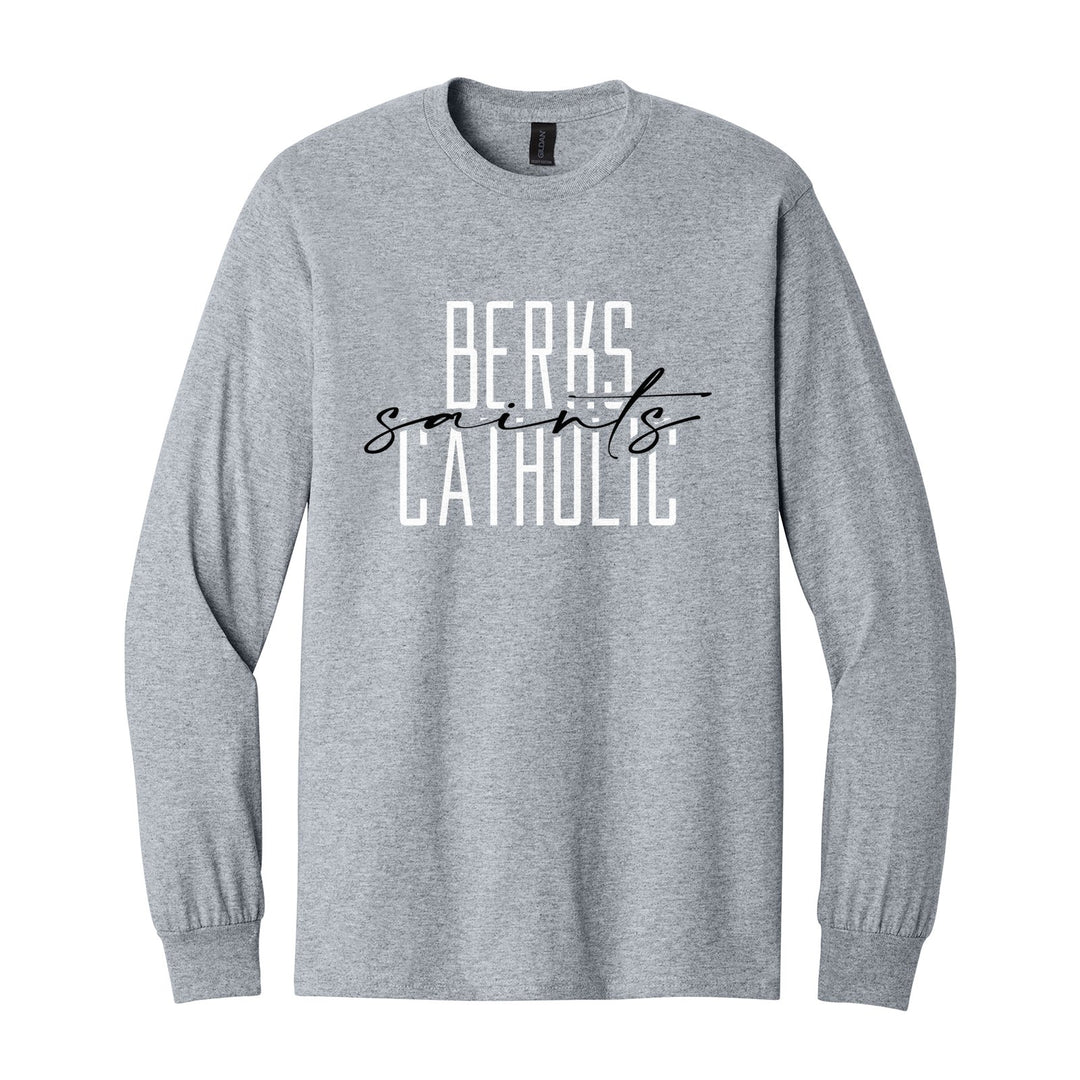 Berks Catholic Saints Tall Type Script long sleeve t-shirt in Sport Grey: tall BERKS CATHOLIC lettering with saints in flowing script across the middle