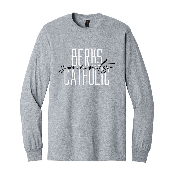 Berks Catholic Saints Tall Type Script long sleeve t-shirt in Sport Grey: tall BERKS CATHOLIC lettering with saints in flowing script across the middle