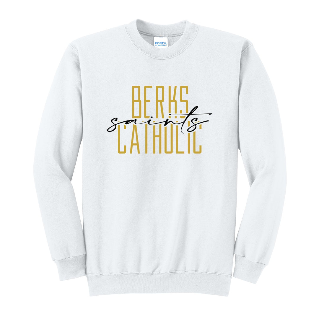 Berks Catholic Saints Tall Type Script crewneck sweatshirt in White: tall BERKS CATHOLIC lettering with saints in flowing script across the middle