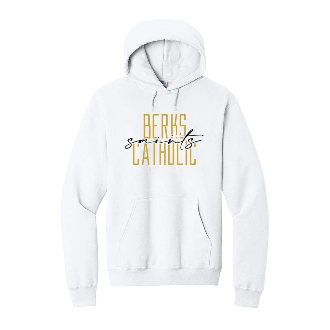 Berks Catholic Saints Tall Type Script hoodie in White: tall BERKS CATHOLIC lettering with saints in flowing script across the middle