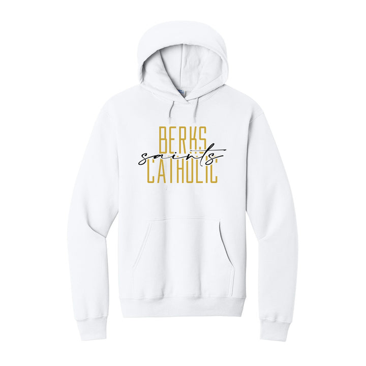 Berks Catholic Saints Tall Type Script hoodie in White: tall BERKS CATHOLIC lettering with saints in flowing script across the middle