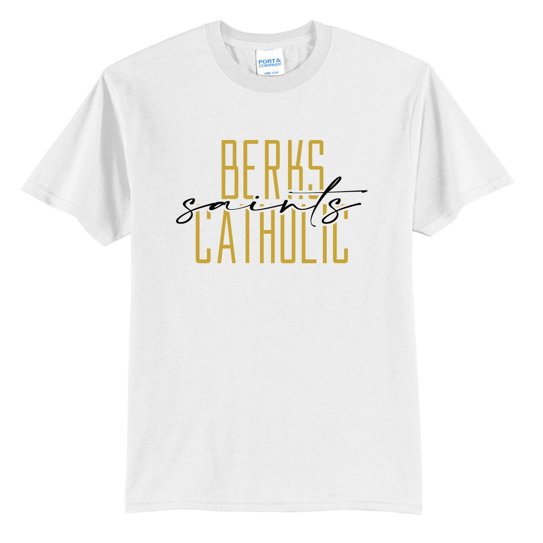Berks Catholic Saints Tall Type Script t-shirt in White: tall BERKS CATHOLIC lettering with saints in flowing script across the middle