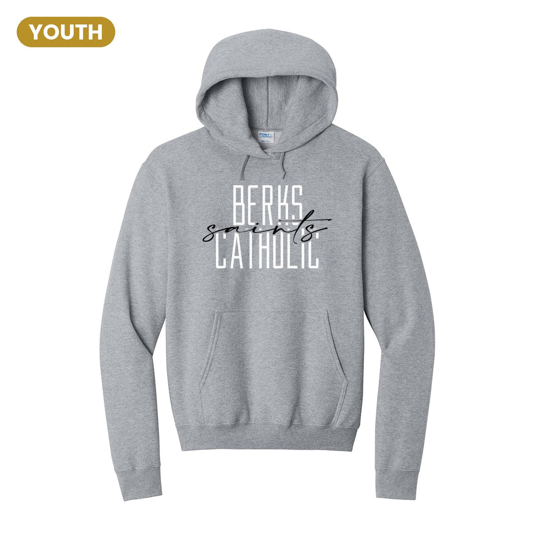 Berks Catholic Saints Tall Type Script youth hoodie in Athletic Heather: tall BERKS CATHOLIC lettering with saints in flowing script across the middle