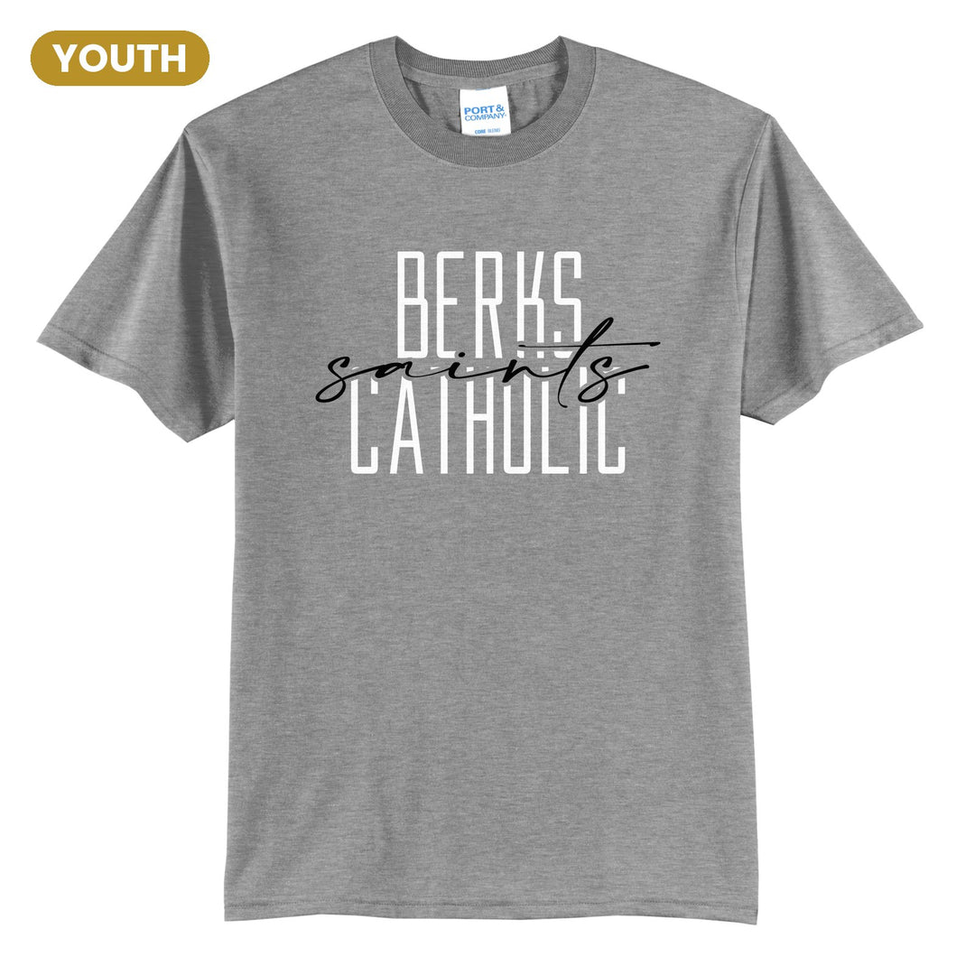 Berks Catholic Saints Tall Type Script youth t-shirt in Athletic Heather: tall BERKS CATHOLIC lettering with saints in flowing script across the middle