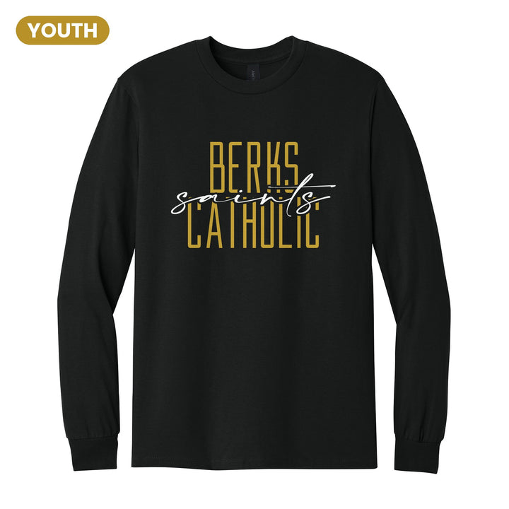 Berks Catholic Saints Tall Type Script youth long sleeve t-shirt in Black: tall BERKS CATHOLIC lettering with saints in flowing script across the middle