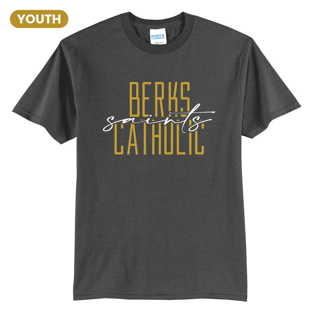 Berks Catholic Saints Tall Type Script youth t-shirt in Charcoal: tall BERKS CATHOLIC lettering with saints in flowing script across the middle