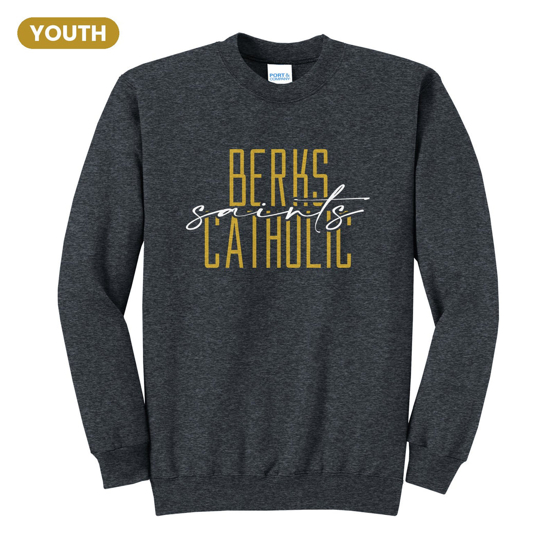 Berks Catholic Saints Tall Type Script youth crewneck sweatshirt in Dark Heather Grey: tall BERKS CATHOLIC lettering with saints in flowing script across the middle