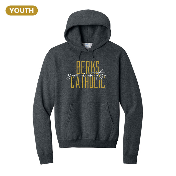 Berks Catholic Saints Tall Type Script youth hoodie in Dark Heather Grey: tall BERKS CATHOLIC lettering with saints in flowing script across the middle