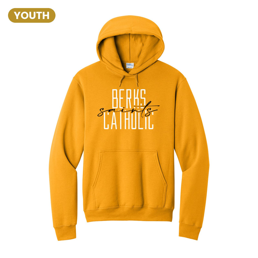 Berks Catholic Saints Tall Type Script youth hoodie in Gold: tall BERKS CATHOLIC lettering with saints in flowing script across the middle