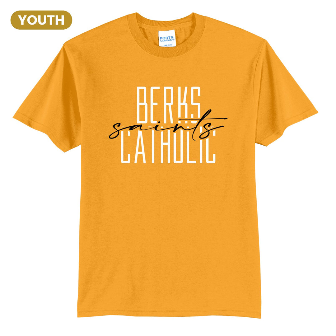 Berks Catholic Saints Tall Type Script youth t-shirt in Gold: tall BERKS CATHOLIC lettering with saints in flowing script across the middle