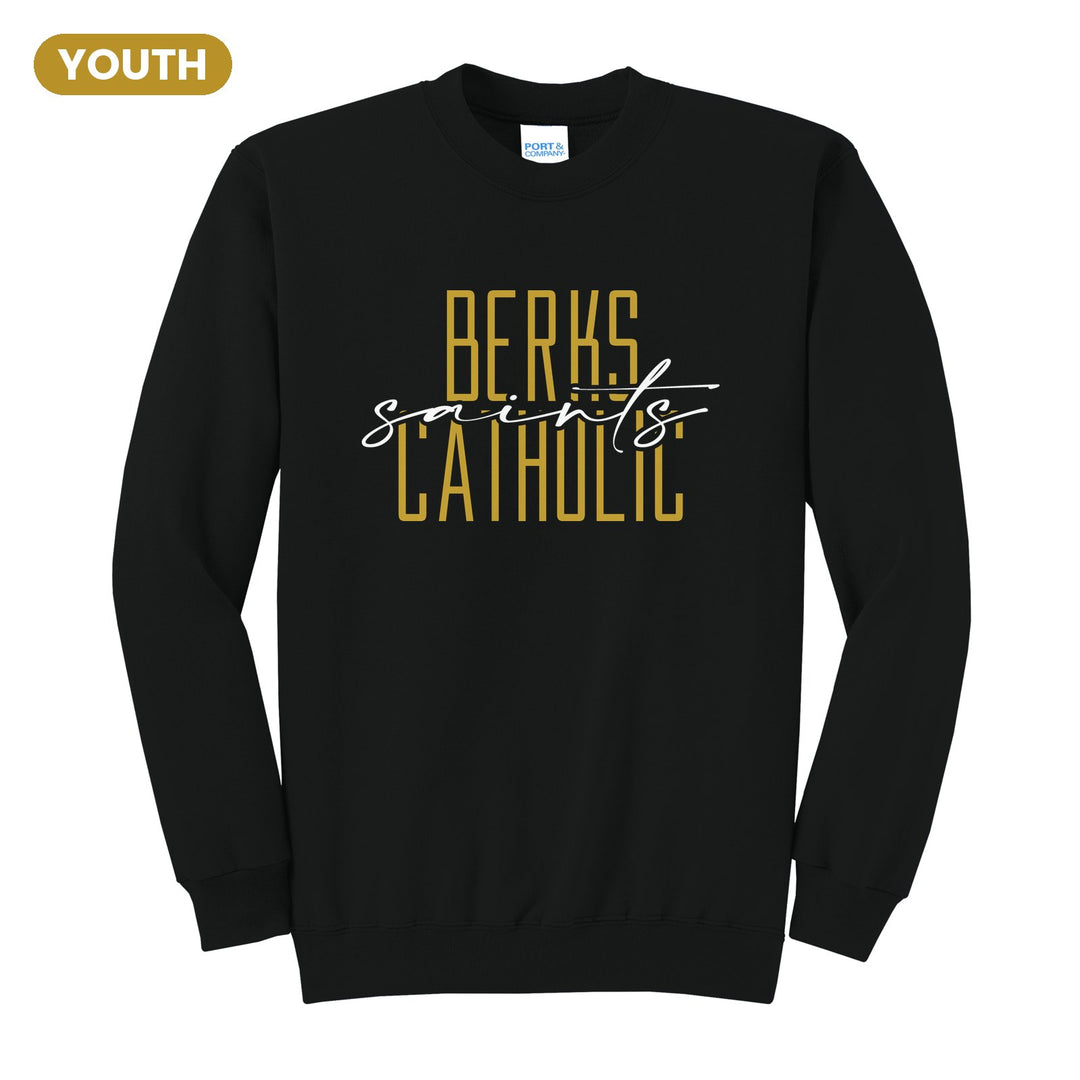 Berks Catholic Saints Tall Type Script youth crewneck sweatshirt in Jet Black: tall BERKS CATHOLIC lettering with saints in flowing script across the middle