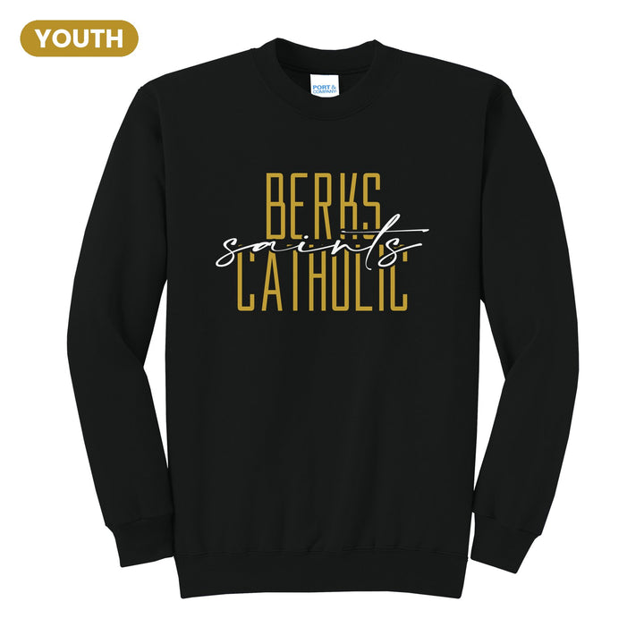 Berks Catholic Saints Tall Type Script youth crewneck sweatshirt in Jet Black: tall BERKS CATHOLIC lettering with saints in flowing script across the middle