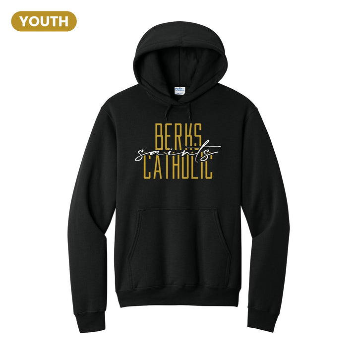 Berks Catholic Saints Tall Type Script youth hoodie in Jet Black: tall BERKS CATHOLIC lettering with saints in flowing script across the middle