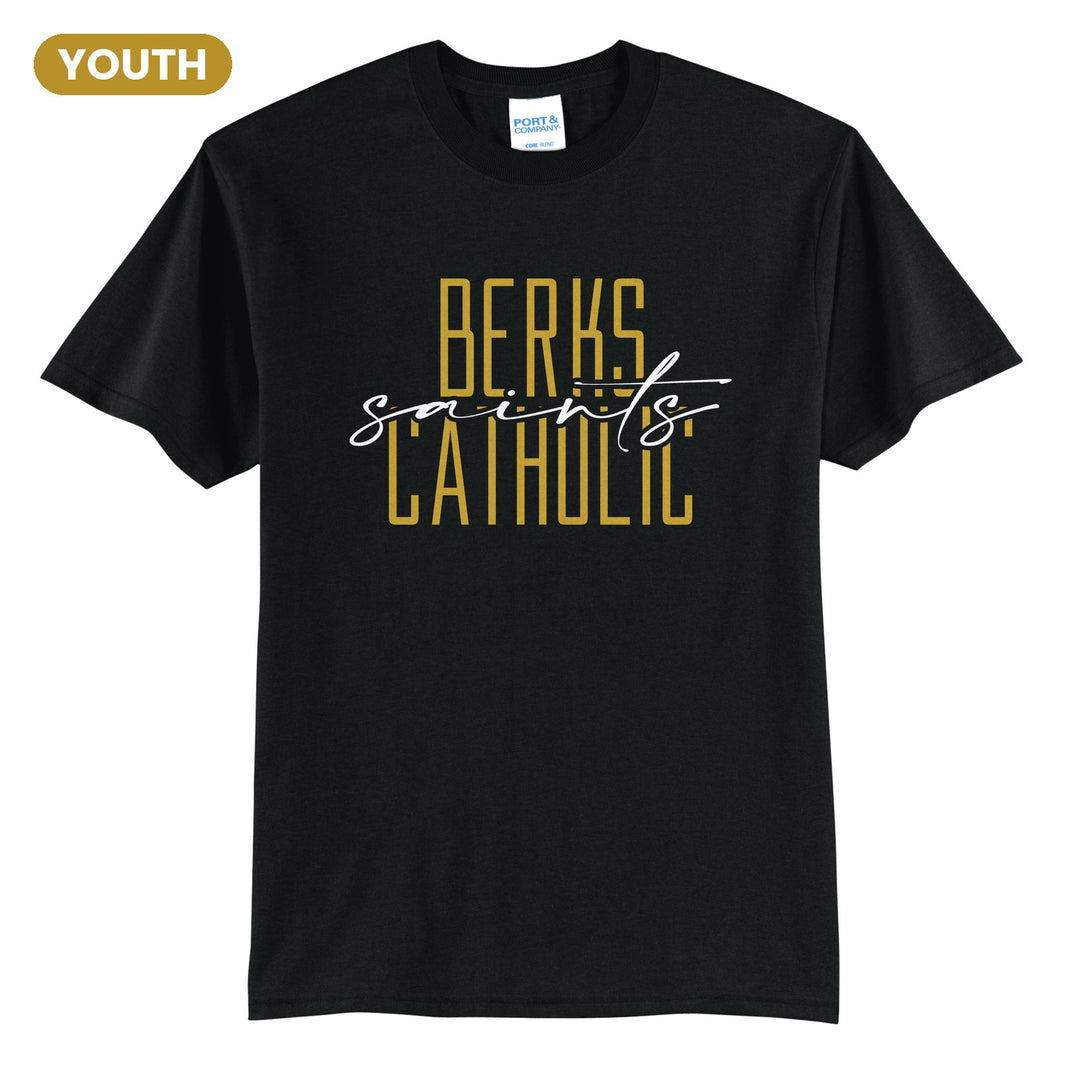 Berks Catholic Saints Tall Type Script youth t-shirt in Jet Black: tall BERKS CATHOLIC lettering with saints in flowing script across the middle