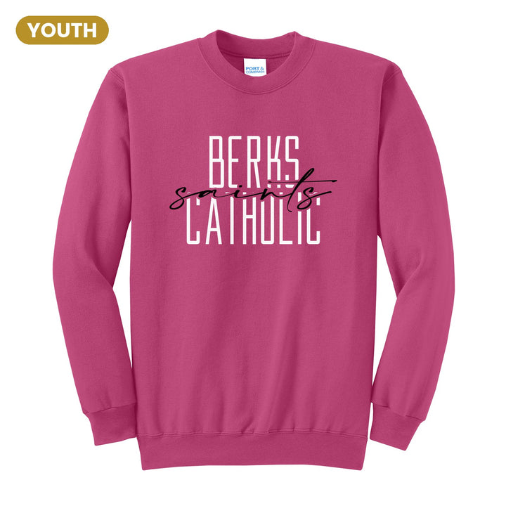 Berks Catholic Saints Tall Type Script youth crewneck sweatshirt in Sangria: tall BERKS CATHOLIC lettering with saints in flowing script across the middle