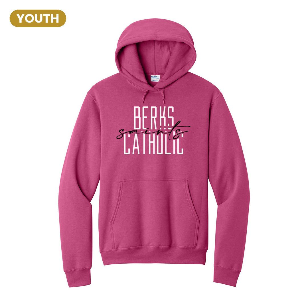 Berks Catholic Saints Tall Type Script youth hoodie in Sangria: tall BERKS CATHOLIC lettering with saints in flowing script across the middle