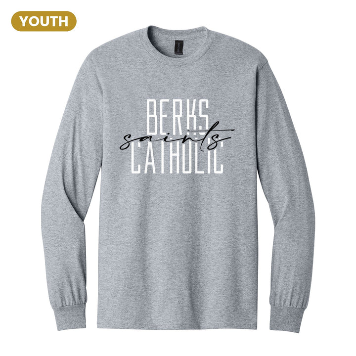 Berks Catholic Saints Tall Type Script youth long sleeve t-shirt in Sport Grey: tall BERKS CATHOLIC lettering with saints in flowing script across the middle