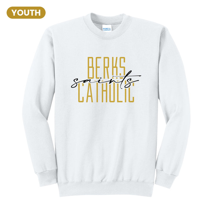 Berks Catholic Saints Tall Type Script youth crewneck sweatshirt in White: tall BERKS CATHOLIC lettering with saints in flowing script across the middle