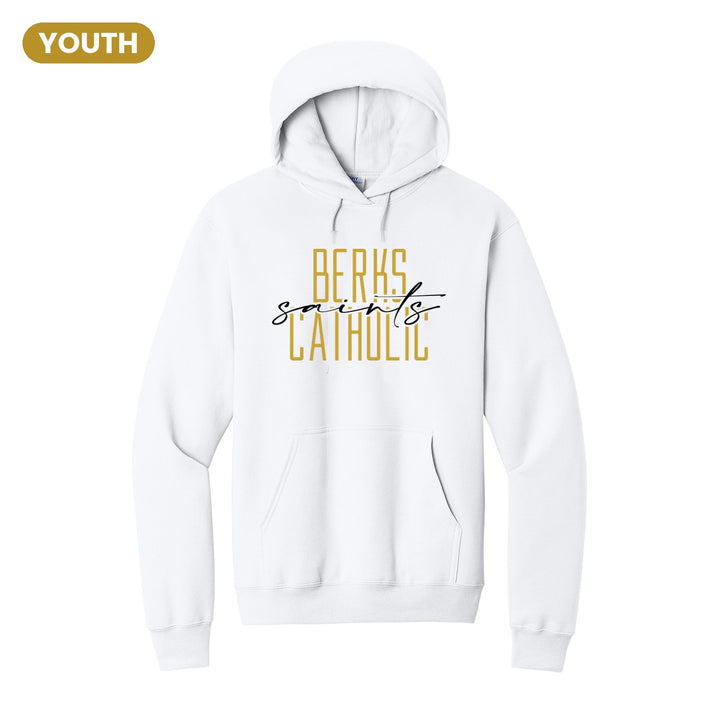 Berks Catholic Saints Tall Type Script youth hoodie in White: tall BERKS CATHOLIC lettering with saints in flowing script across the middle