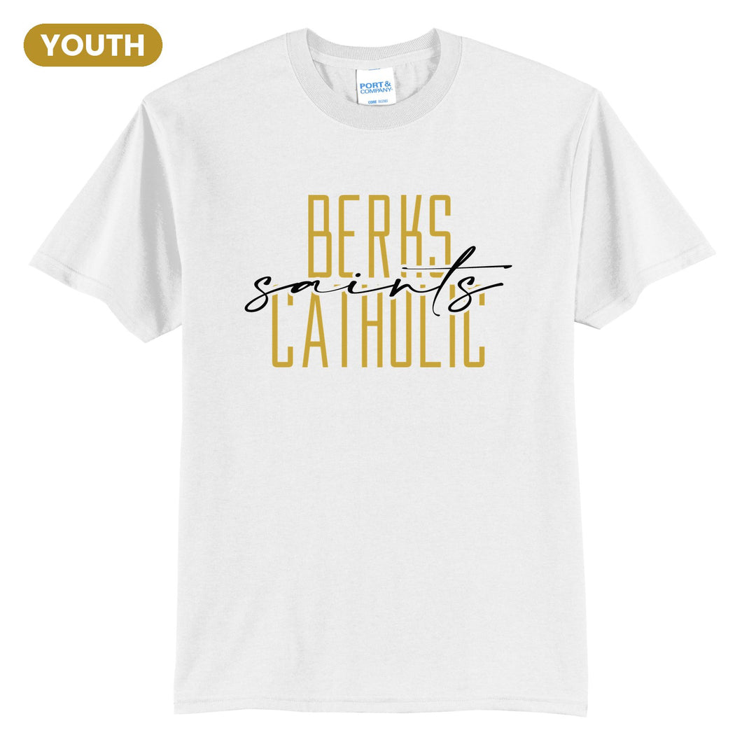 Berks Catholic Saints Tall Type Script youth t-shirt in White: tall BERKS CATHOLIC lettering with saints in flowing script across the middle