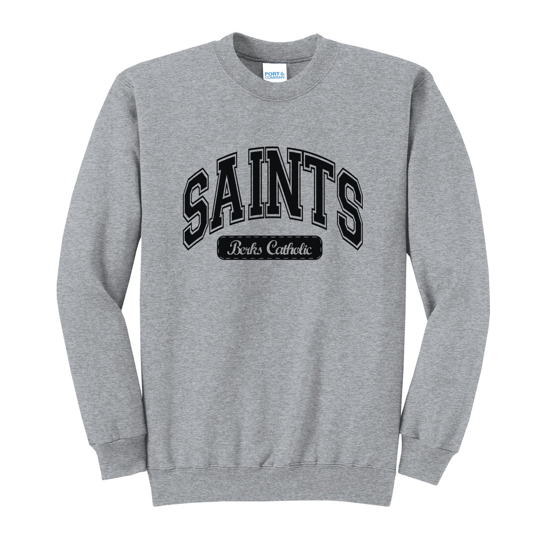Berks Catholic Saints Varsity Arch crewneck sweatshirt in Athletic Heather: arched varsity SAINTS lettering over a Berks Catholic badge