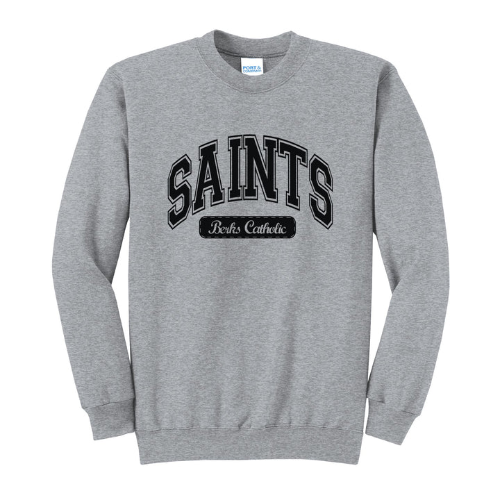 Berks Catholic Saints Varsity Arch crewneck sweatshirt in Athletic Heather: arched varsity SAINTS lettering over a Berks Catholic badge