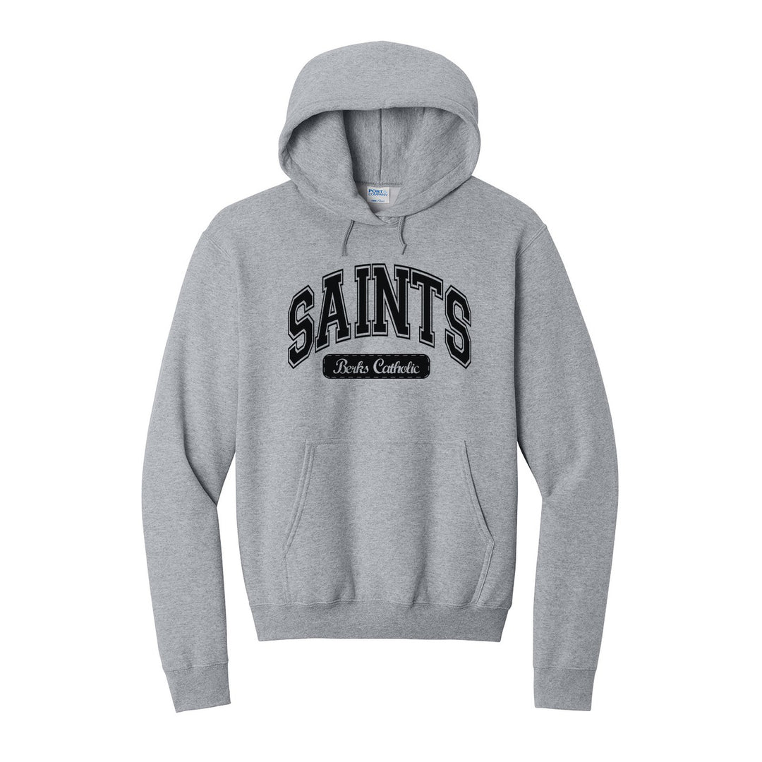 Berks Catholic Saints Varsity Arch hoodie in Athletic Heather: arched varsity SAINTS lettering over a Berks Catholic badge
