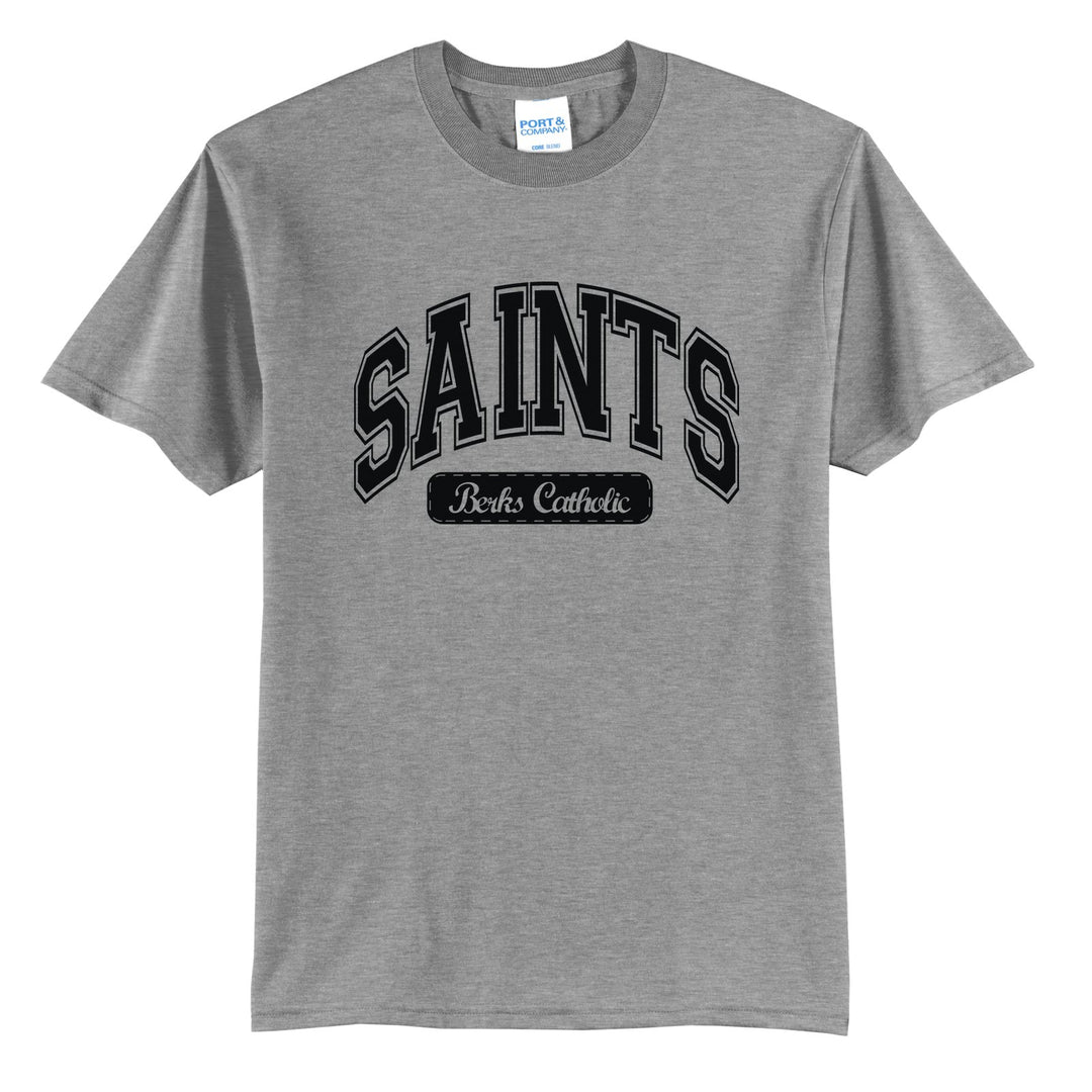 Berks Catholic Saints Varsity Arch t-shirt in Athletic Heather: arched varsity SAINTS lettering over a Berks Catholic badge